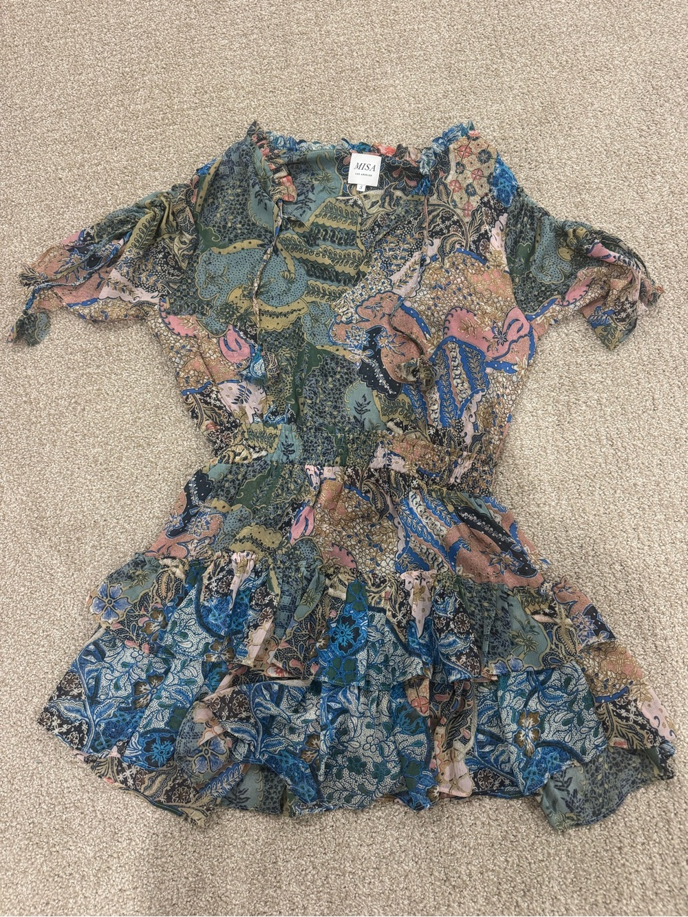 Misa Los Angeles Green and Blue Paisley Ruffle Dress